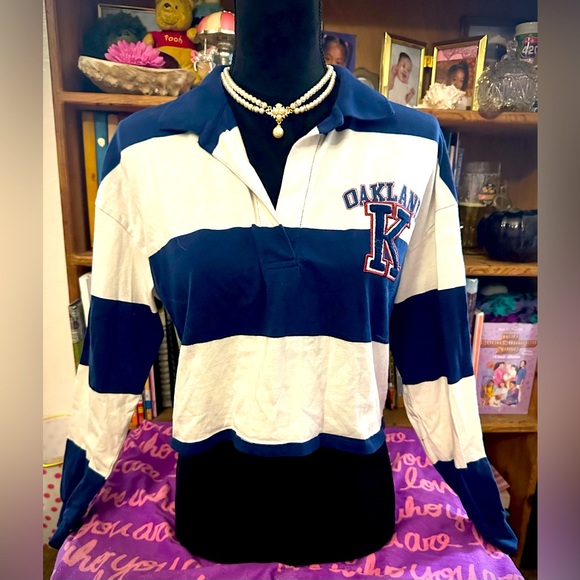 Blue&White Color Block Women’s Cropped Rugby feat. Oakland theme, size Small - Picture 1 of 7